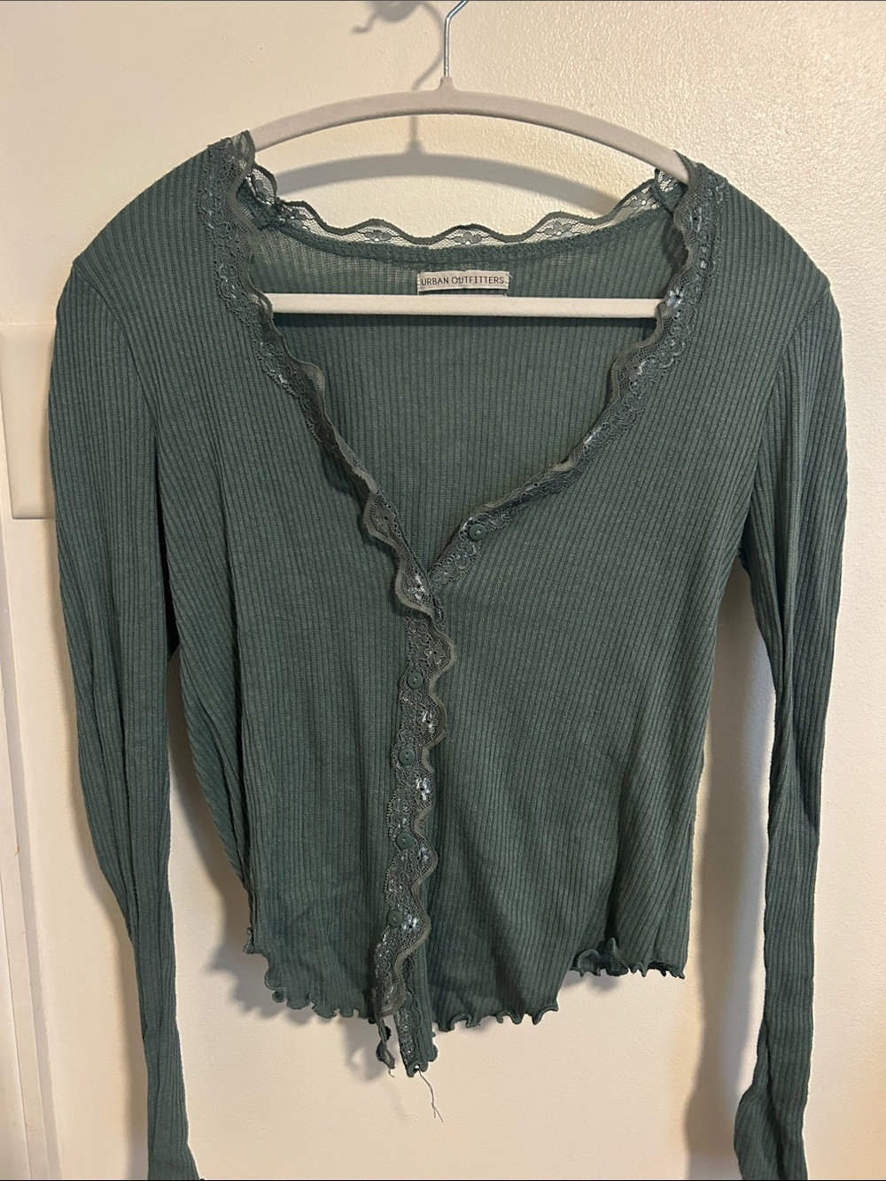 Urban Outfitters Sage Green Ribbed Lace-Trim Long Sleeve Cardigan